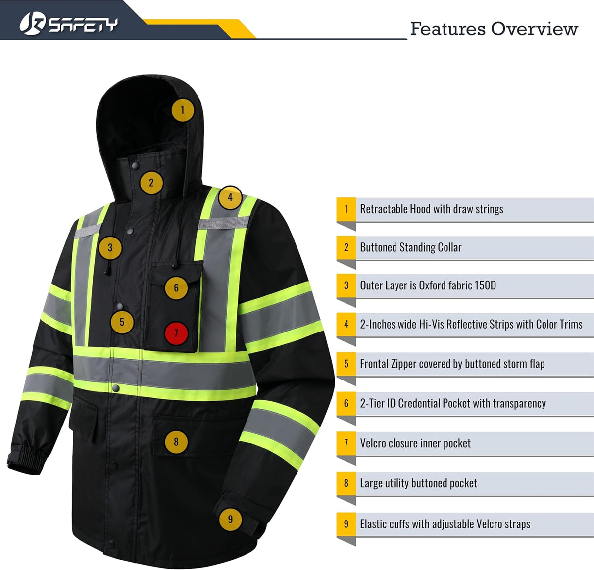 Stay Dry and Visible: Hi-Vis Waterproof Rain Jacket for Men and Women in Black - XL