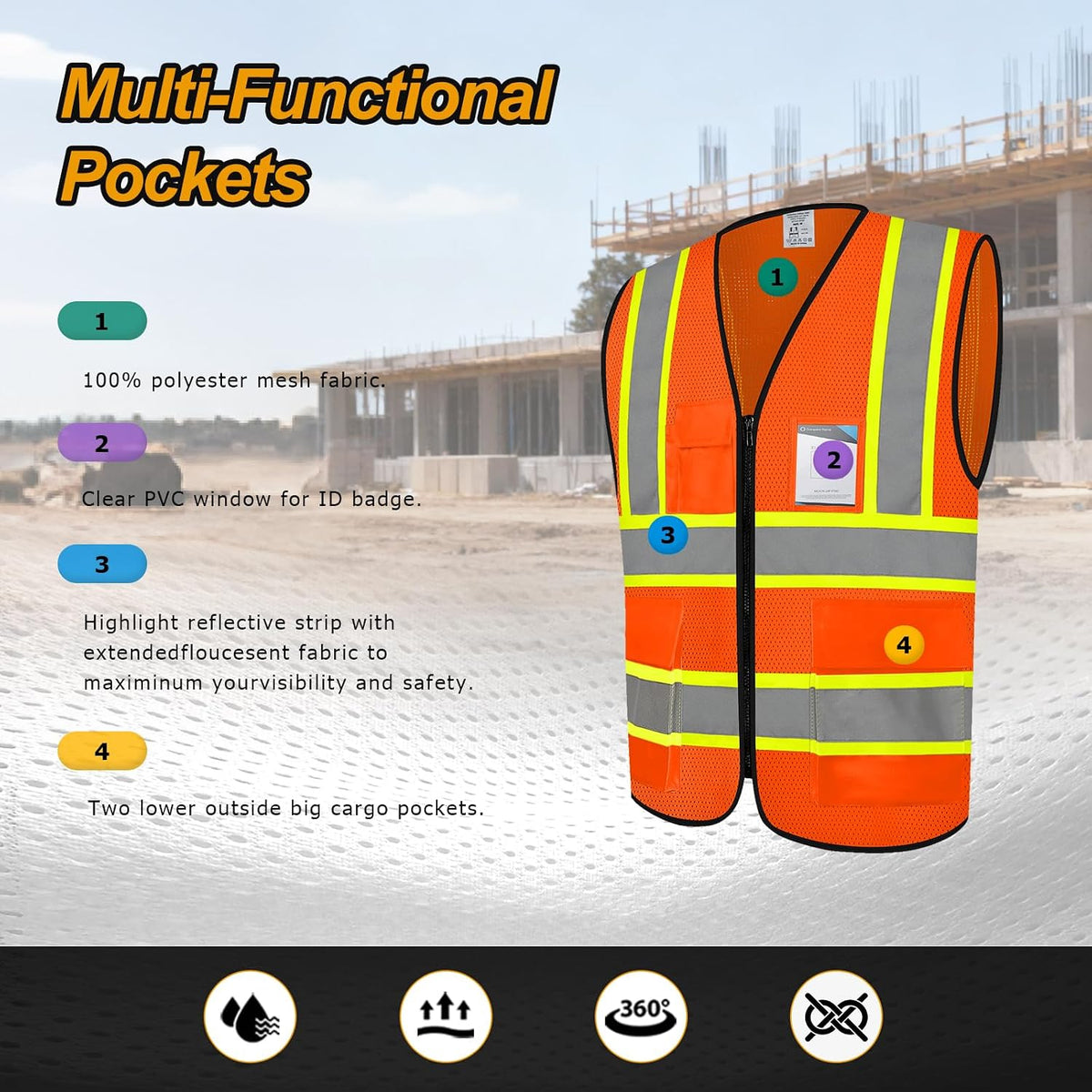 Safety Vest for Men 5 Pockets Mesh High Visibilitv Vest, Orange XL