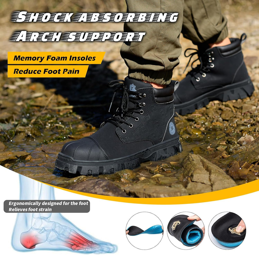 Waterproof Steel Toe Boots for Men 6 Inch Leather Steel Toe Shoes Non Slip Resistant Safety Work Boots Indestructible Lightweight Construction Boot