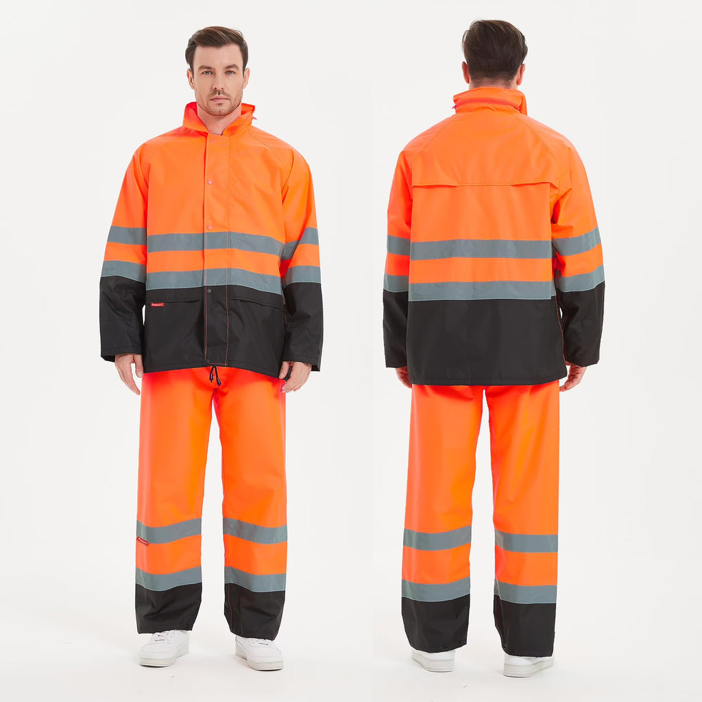 Stay Visible and Dry: Hi-Vis Waterproof Rain Jacket and Pants Set for Men and Women - Perfect for Work, Fishing, and Outdoor Adventures in Bright Orange