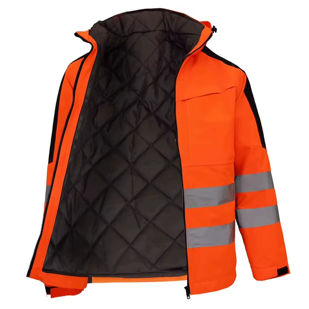 Hi Vis Working Clothes Winter Safety Jacket Waterproof High Visibility Safety Work Sets with Detachable Cotton Linner ﻿
