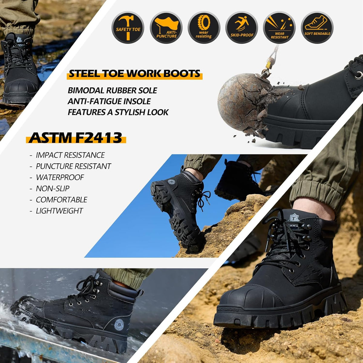 Waterproof Steel Toe Boots for Men 6 Inch Leather Steel Toe Shoes Non Slip Resistant Safety Work Boots Indestructible Lightweight Construction Boot