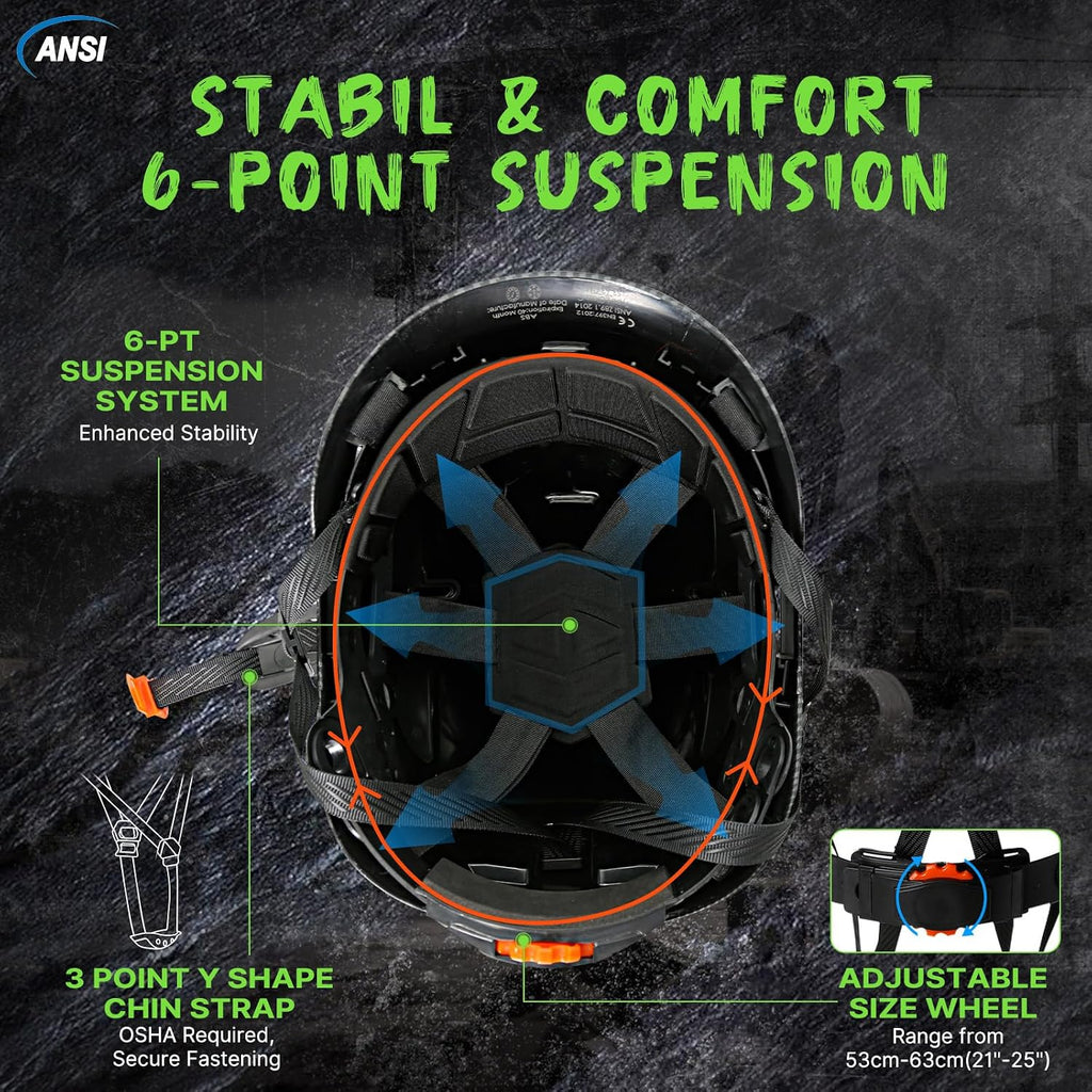 Premium Vented Carbon Fiber Hard Hat - ANSI Z89.1 Type 1 Class C Safety Helmet with 6-Point Suspension, Chin Strap & Reflective Strips for Ultimate Protection in Construction