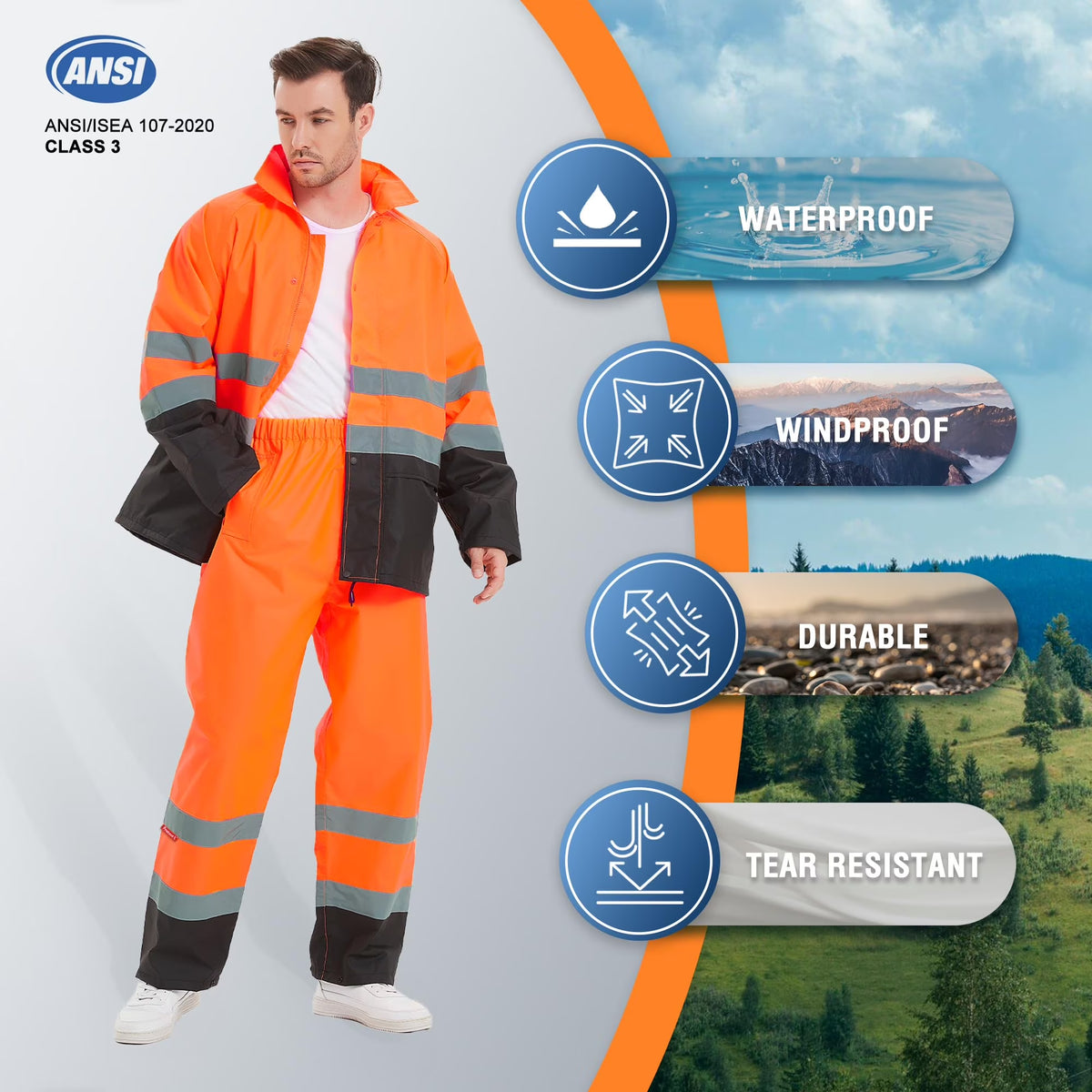 Stay Visible and Dry: Hi-Vis Waterproof Rain Jacket and Pants Set for Men and Women - Perfect for Work, Fishing, and Outdoor Adventures in Bright Orange