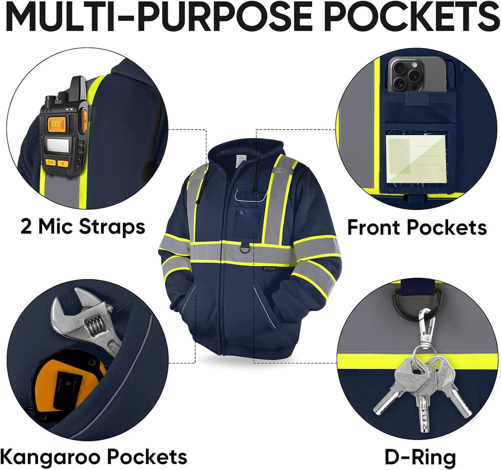 Hi Vis Safety Hoodie, ANSI Class 3 Reflective Fleece Sweatshirt