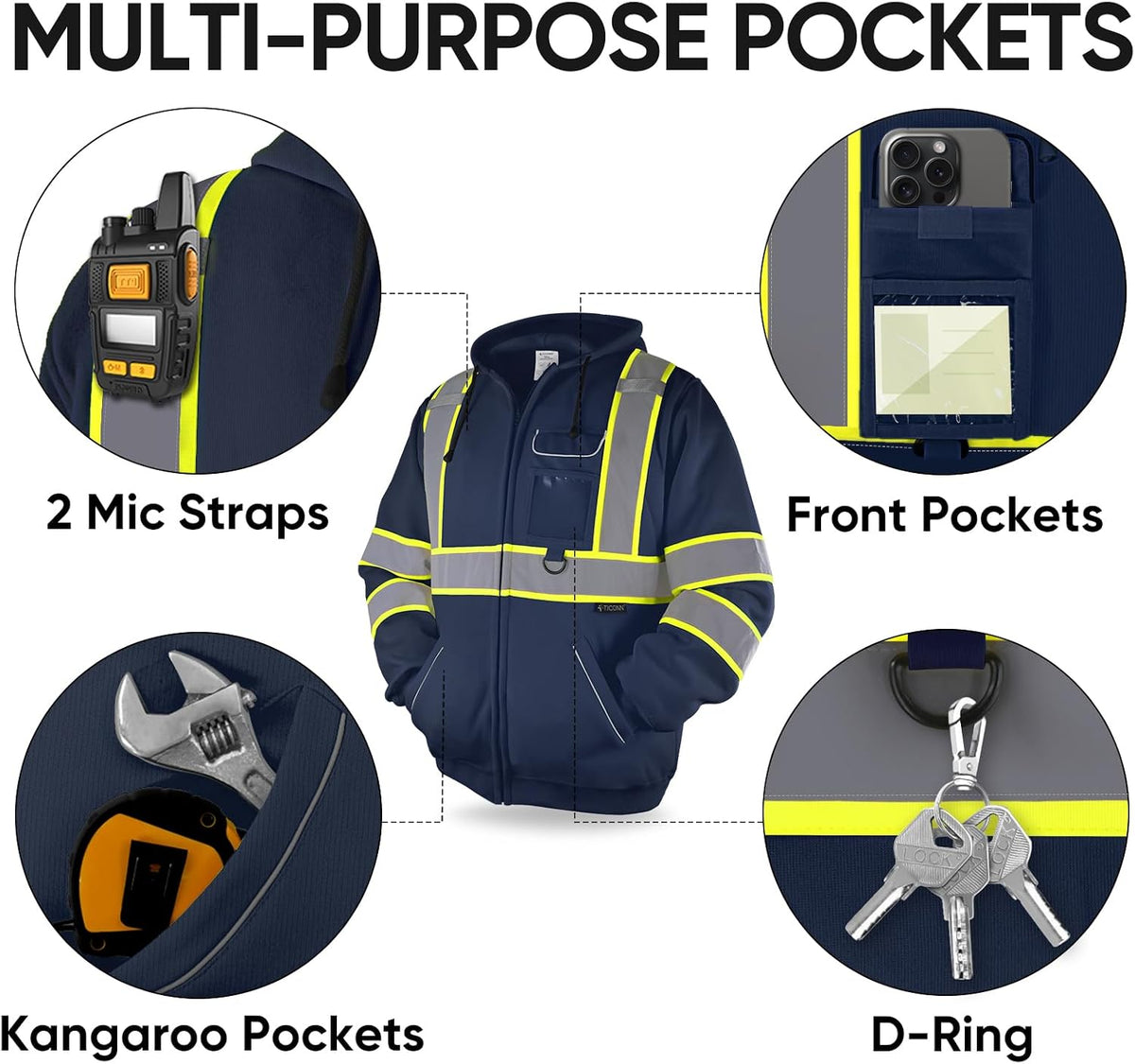 Hi Vis Safety Hoodie, ANSI Class 3 Reflective Fleece Sweatshirt