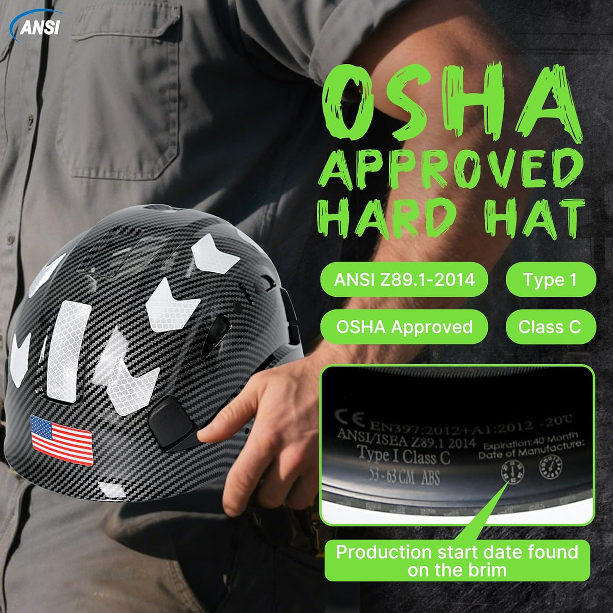 Premium Vented Carbon Fiber Hard Hat - ANSI Z89.1 Type 1 Class C Safety Helmet with 6-Point Suspension, Chin Strap & Reflective Strips for Ultimate Protection in Construction