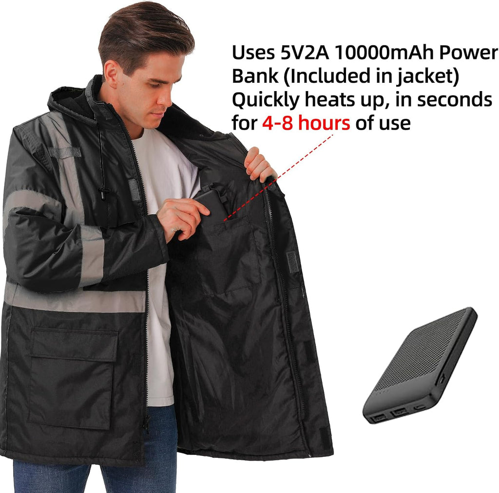 Heated Jacket for Men - 3M Hi Vis Safety Parka, Class 3 High Visibility Jackets, Heated Coat for Men