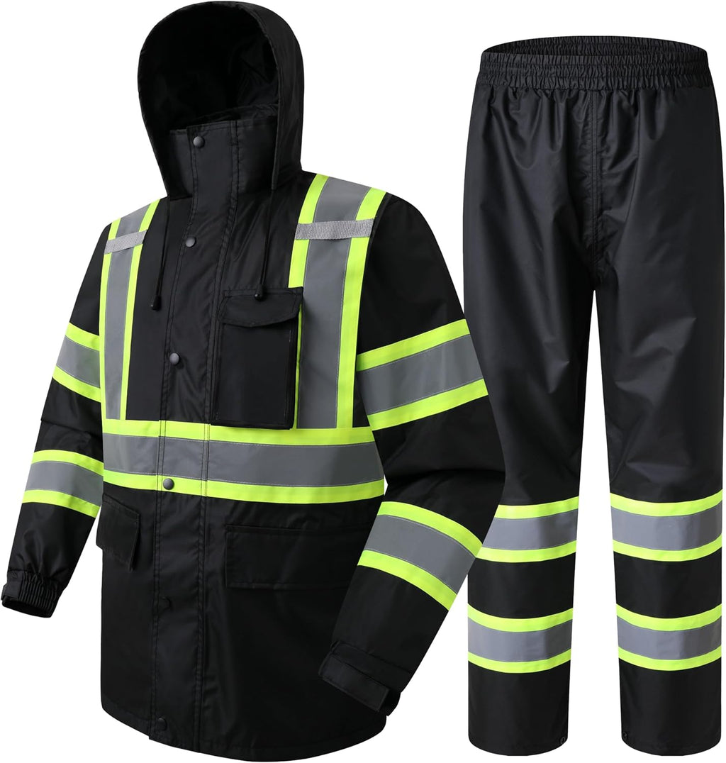 Stay Dry and Visible: Hi-Vis Waterproof Rain Jacket for Men and Women in Black - XL