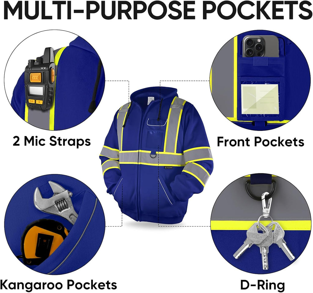 Hi Vis Safety Hoodie, ANSI Class 3 Reflective Fleece Sweatshirt