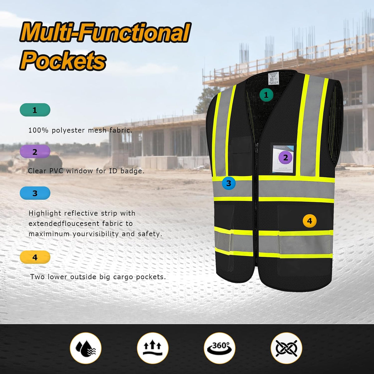 High Visibility Black Reflective Safety Vest for Men - 5 Pockets, Lightweight and Breathable, Perfect for Work and Outdoor Activities, Size Large
