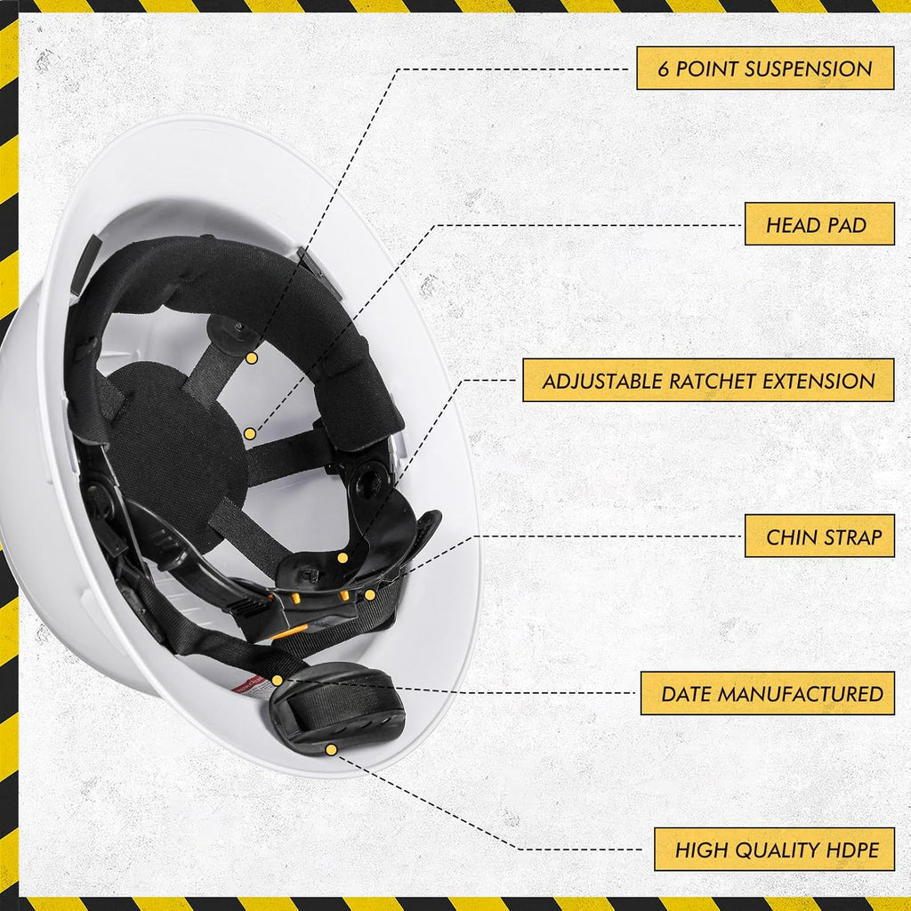10 Pack Adjustable Full Brim Hard Hats - Durable HDPE Safety Helmets for Men and Women