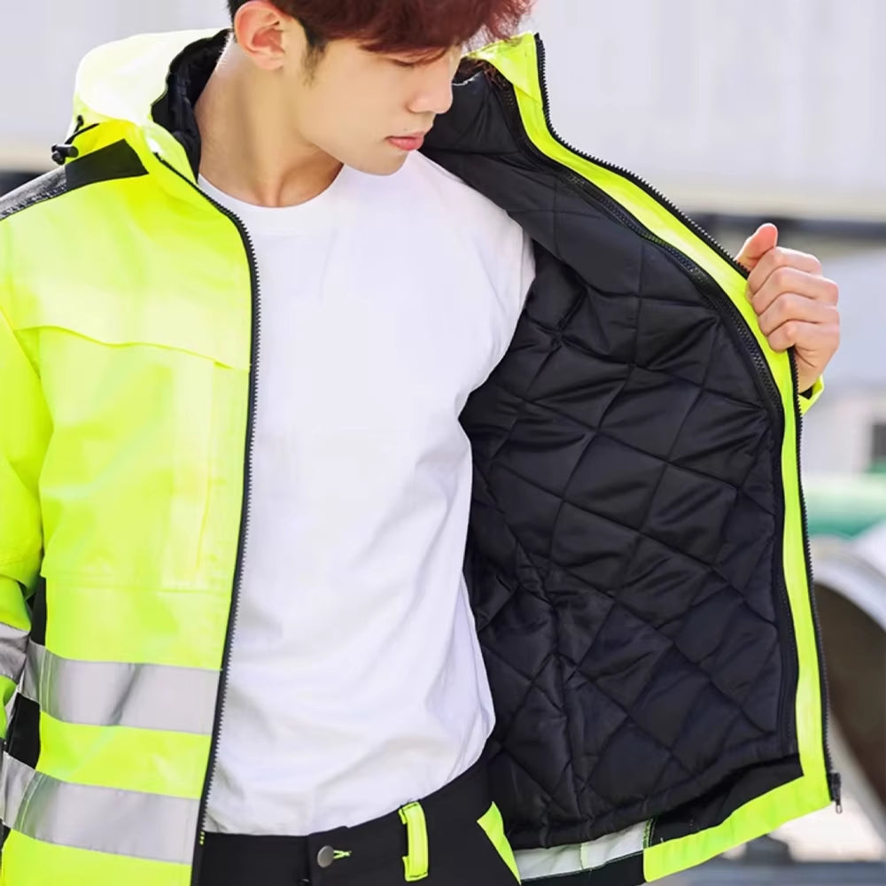 Hi Vis Working Clothes Winter Safety Jacket Waterproof High Visibility Safety Work Sets with Detachable Cotton Linner ﻿