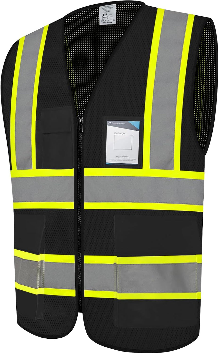 High Visibility Black Reflective Safety Vest for Men - 5 Pockets, Lightweight and Breathable, Perfect for Work and Outdoor Activities, Size Large