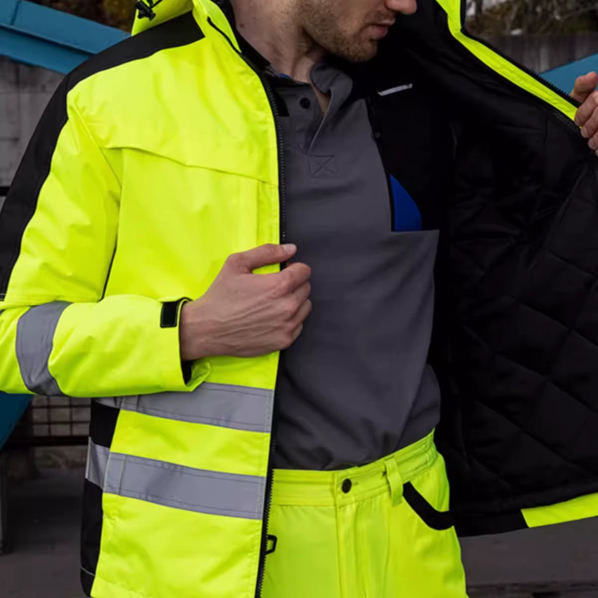 Hi Viz Yellow Workwear Suits for Work in Winter 3 in 1 Hi Vis Workwear Waterproof Jacket with Linner and Working Pants Men Set
