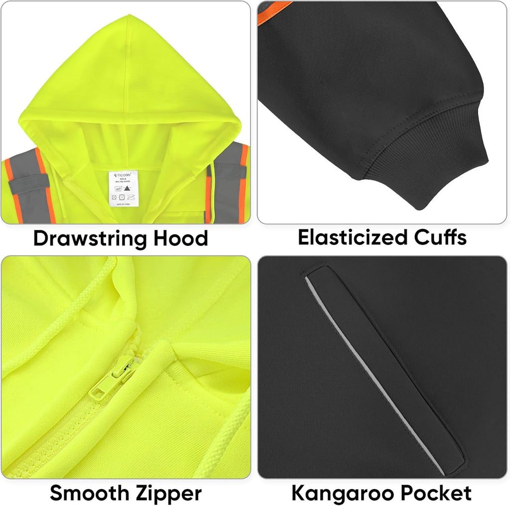 Hi Vis Safety Hoodie, ANSI Class 3 Reflective Fleece Sweatshirt