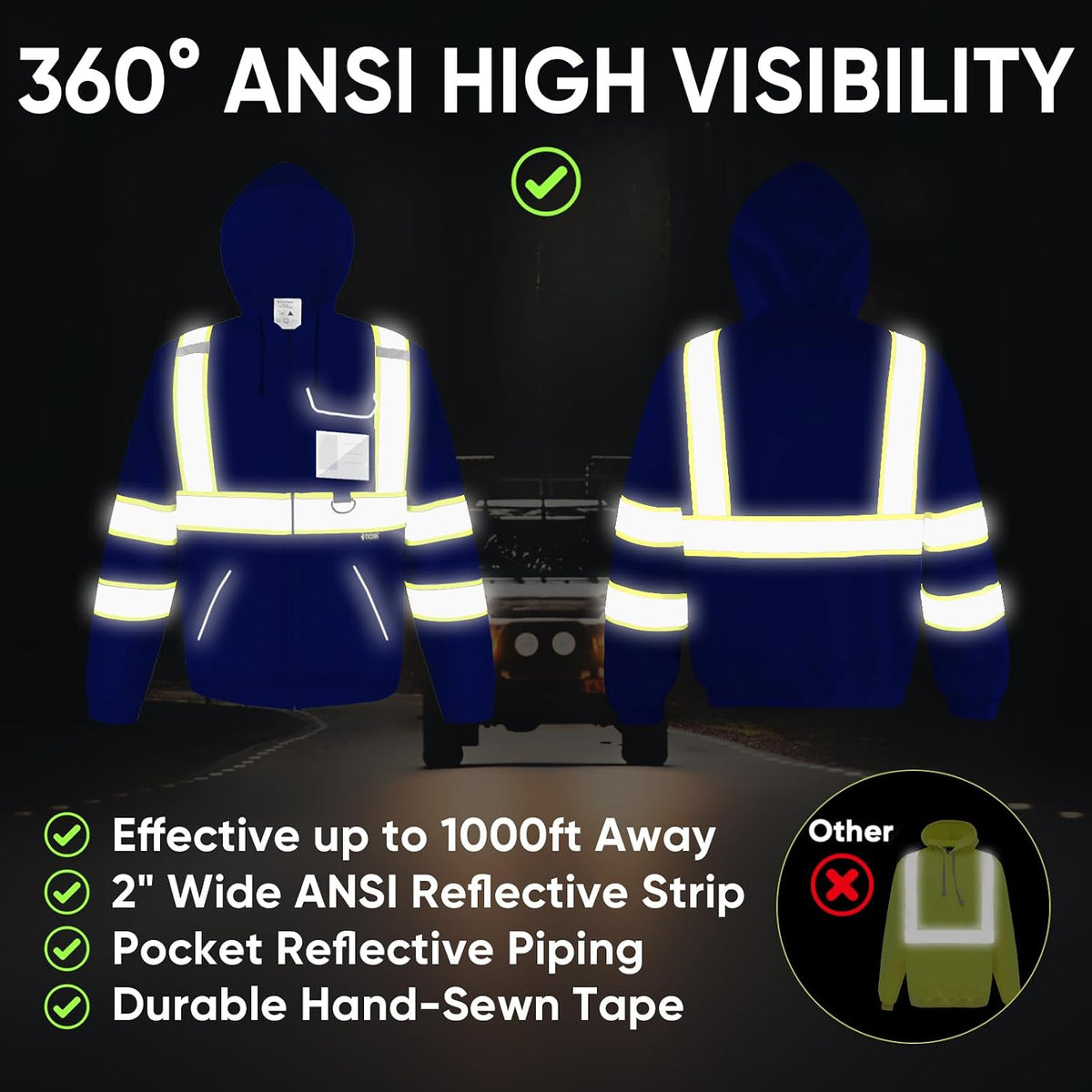 Hi Vis Safety Hoodie, ANSI Class 3 Reflective Fleece Sweatshirt