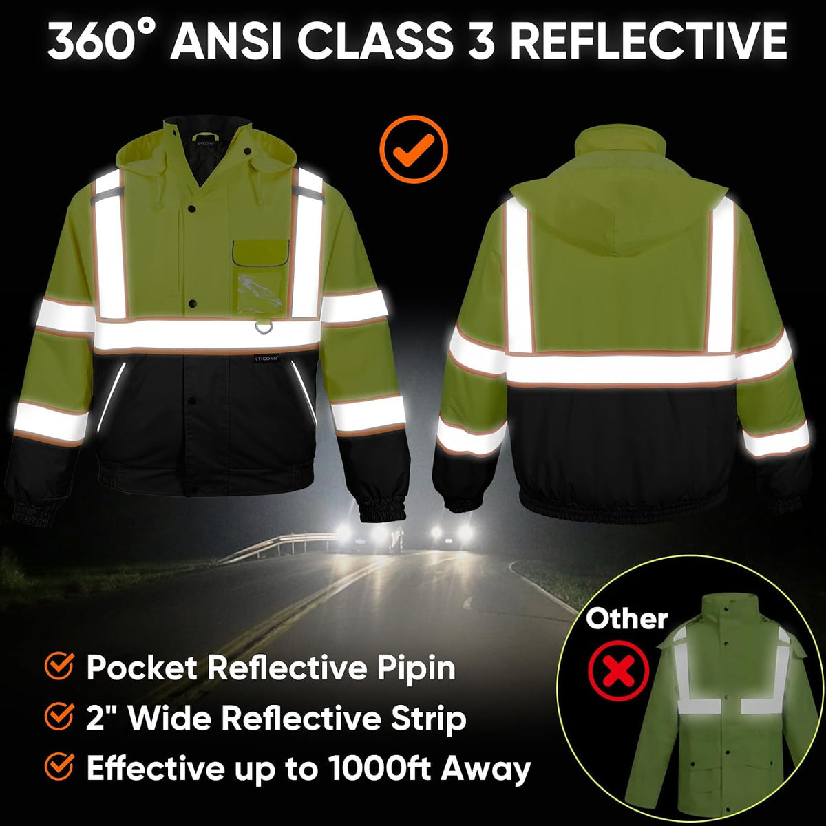 Hi Vis Safety Bomber Jacket, Fleece-Lined Waterproof ANSI Class 3