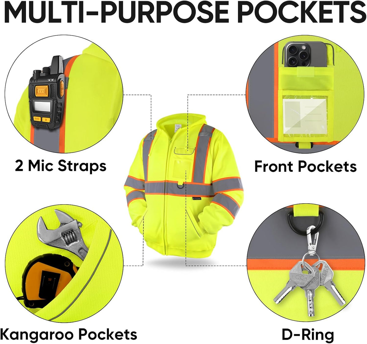 Hi Vis Safety Hoodie, ANSI Class 3 Reflective Fleece Sweatshirt