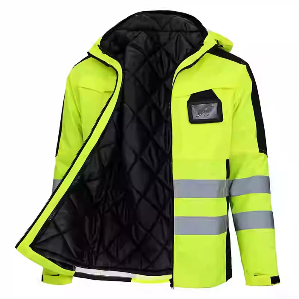 Hi Vis Working Clothes Winter Safety Jacket Waterproof High Visibility Safety Work Sets with Detachable Cotton Linner ﻿