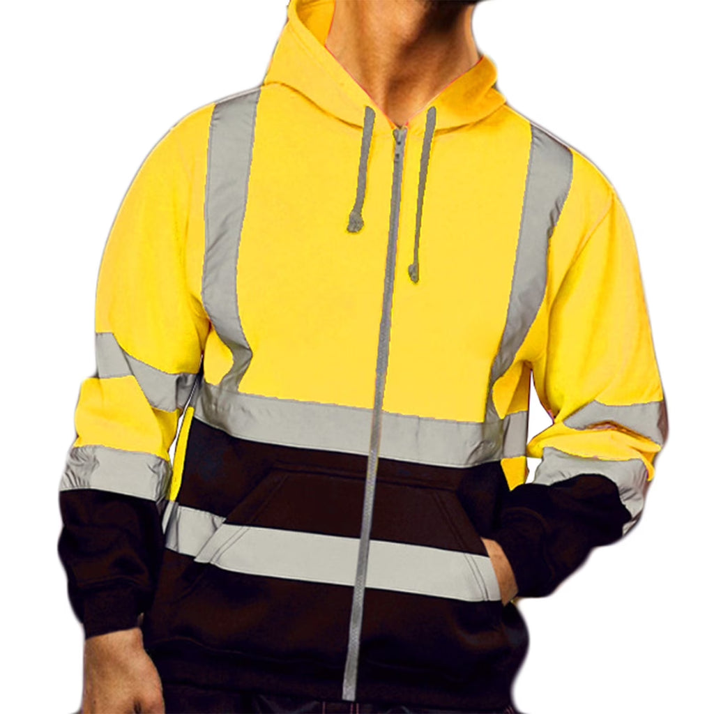 Safety Hoodie Jacket, High Vis Reflective Safety Fleece Coat Hooded Bomber for Men - Waterproof, Reflective Fall Winter Rain Jacket Hooded