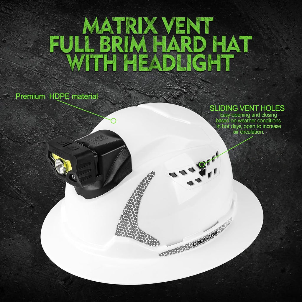 Matrix Full Brim Hard Hat with Headlight Vented Construction Safety Helmet OSHA Approved Cascos De Construccion Work Hardhat for Men&Women