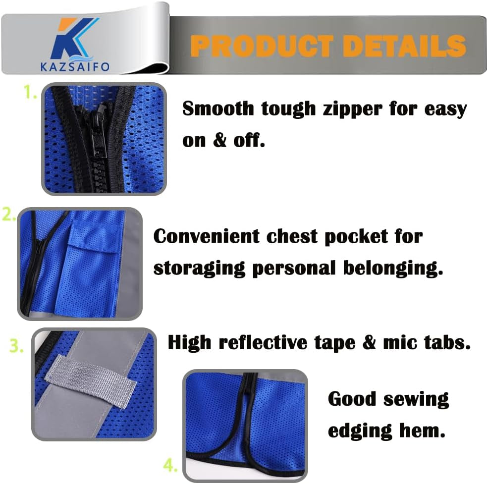 High Visibility Reflective Safety Vest for Men and Women - KZ179 Blue XX-Large with Practical Chest Pocket and Breathable Mesh Design