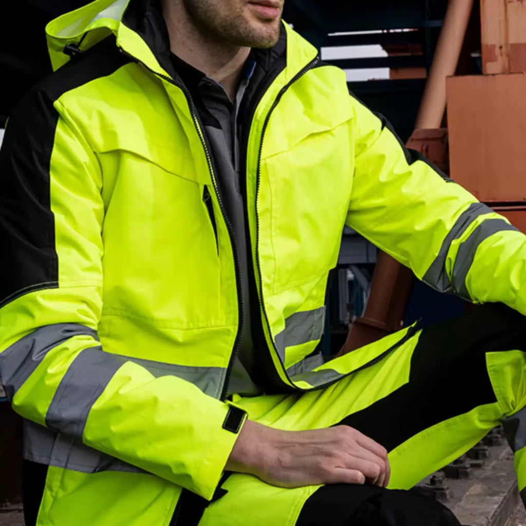 Hi Viz Yellow Workwear Suits for Work in Winter 3 in 1 Hi Vis Workwear Waterproof Jacket with Linner and Working Pants Men Set