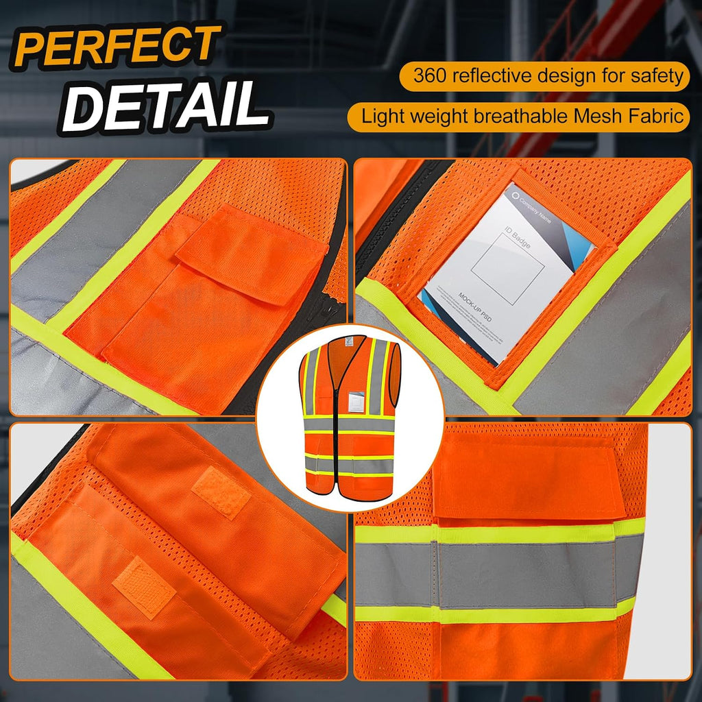 Safety Vest for Men 5 Pockets Mesh High Visibilitv Vest, Orange XL
