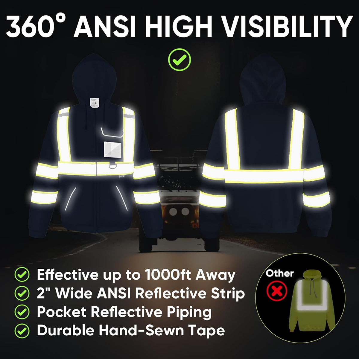 Hi Vis Safety Hoodie, ANSI Class 3 Reflective Fleece Sweatshirt