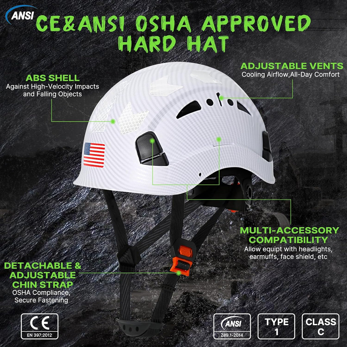 Aolamegs Vented Carbon Fiber Hard Hat - ANSI Z89.1 Type 1 Class C Safety Helmet with Reflective Strips and 6-Point Suspension for Ultimate Comfort and Protection