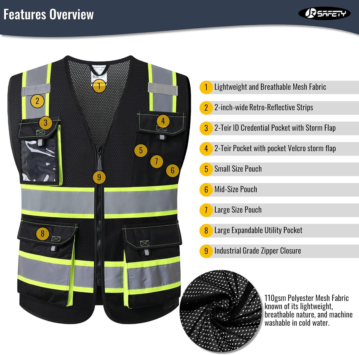 Safety Vest for Men Women Hi Vis Reflective Vest JK220 Black 5XL