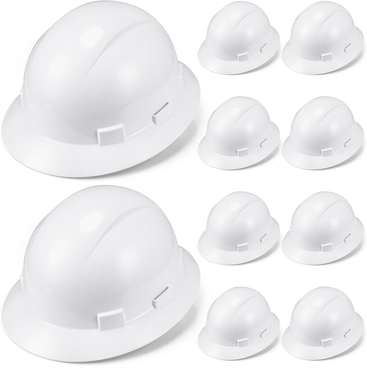 10 Pack Adjustable Full Brim Hard Hats - Durable HDPE Safety Helmets for Men and Women