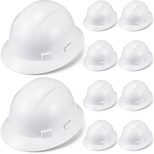 10 Pack Adjustable Full Brim Hard Hats - Durable HDPE Safety Helmets for Men and Women