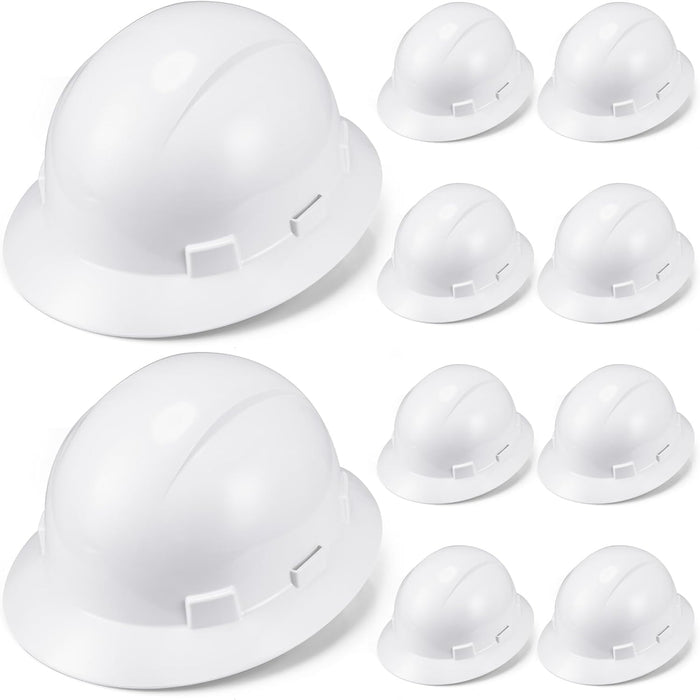10 Pack Adjustable Full Brim Hard Hats - Durable HDPE Safety Helmets for Men and Women