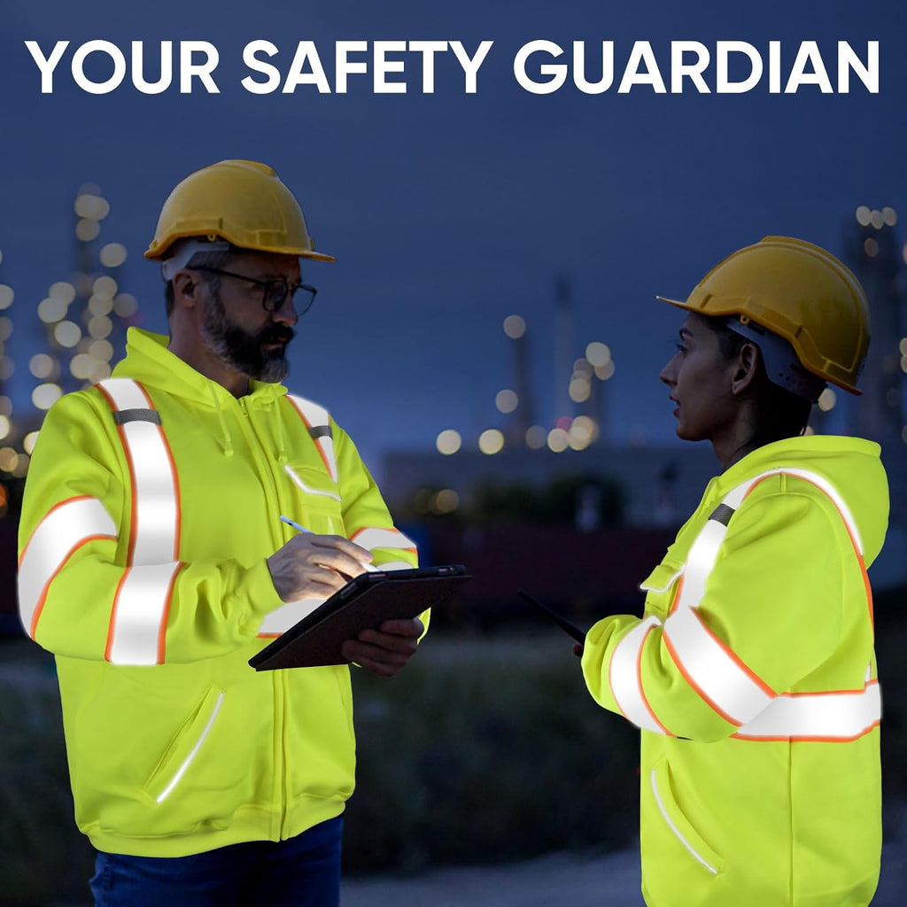 Hi Vis Safety Hoodie, ANSI Class 3 Reflective Fleece Sweatshirt