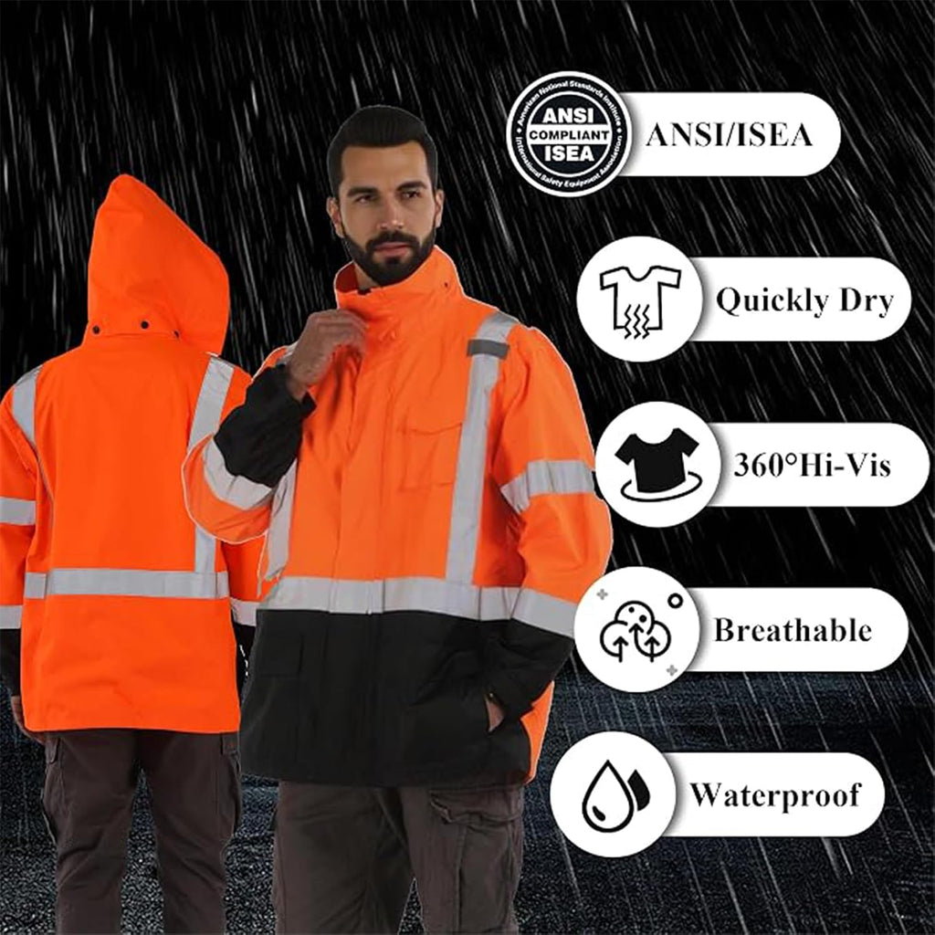 Hi Vis Rain Jackets for Men Reflective Waterproof High Visibility Class 3 Safety Rain Coat with Black Bottom