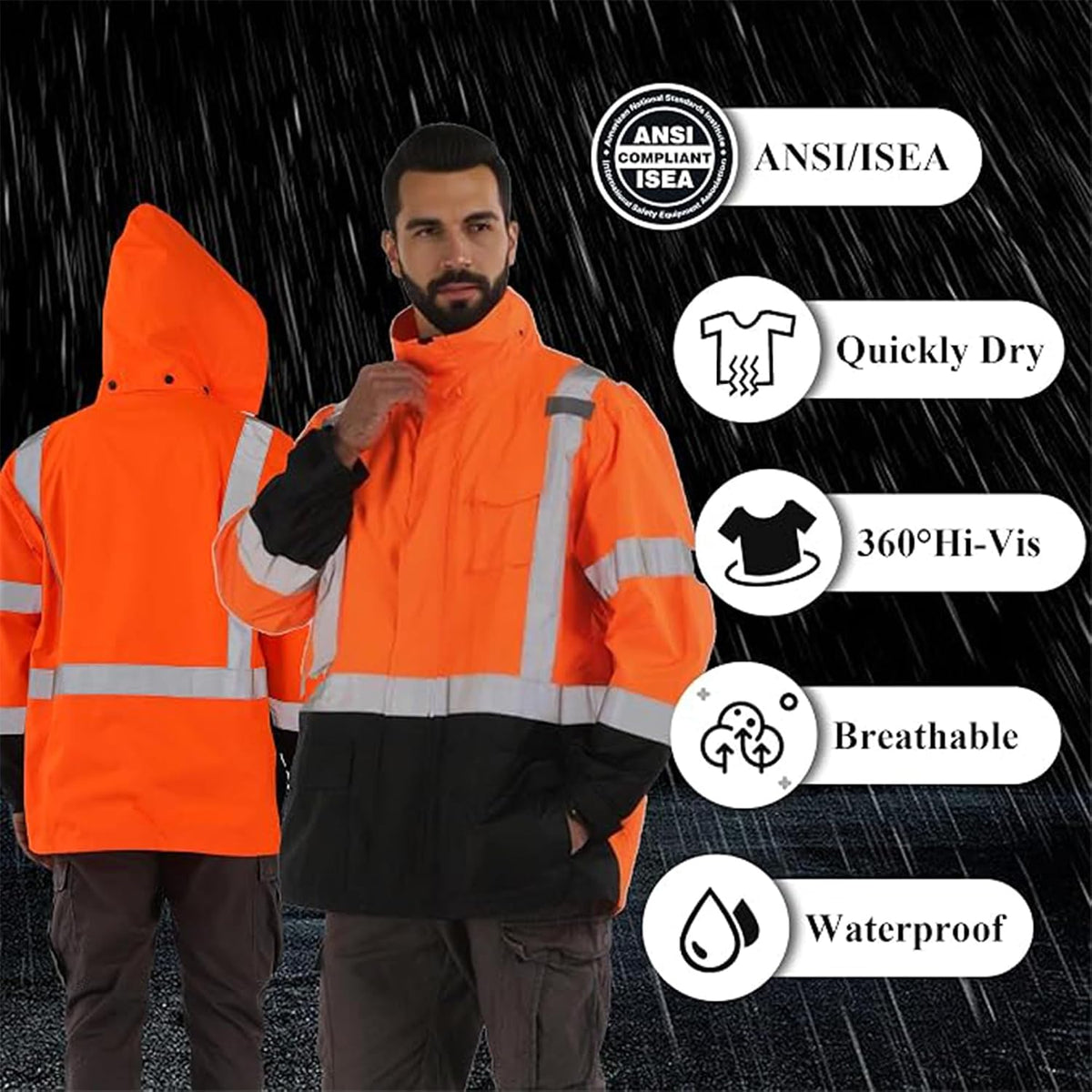 Hi Vis Rain Jackets for Men Reflective Waterproof High Visibility Class 3 Safety Rain Coat with Black Bottom