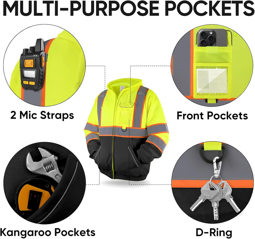 Hi Vis Safety Hoodie, ANSI Class 3 Reflective Fleece Sweatshirt
