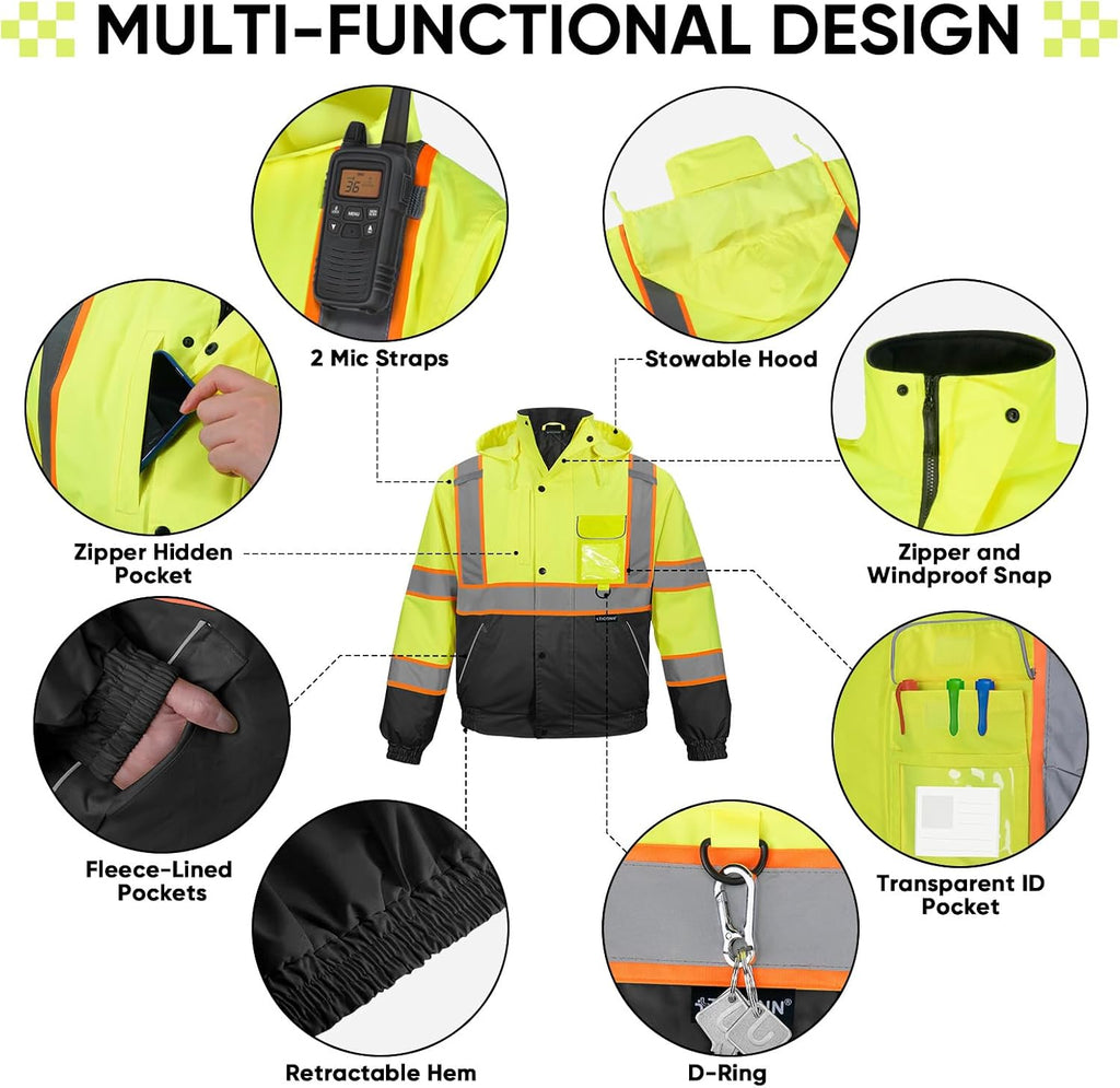 Hi Vis Safety Bomber Jacket, Fleece-Lined Waterproof ANSI Class 3