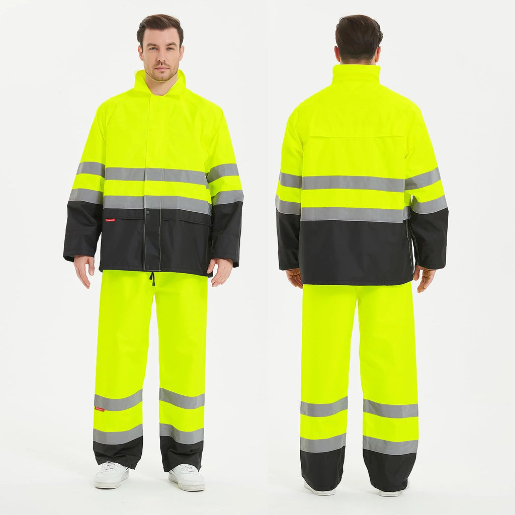 Stay Dry and Visible with Our Hi-Vis Waterproof Rain Jacket and Pants - Perfect for Work, Fishing, and Farming!