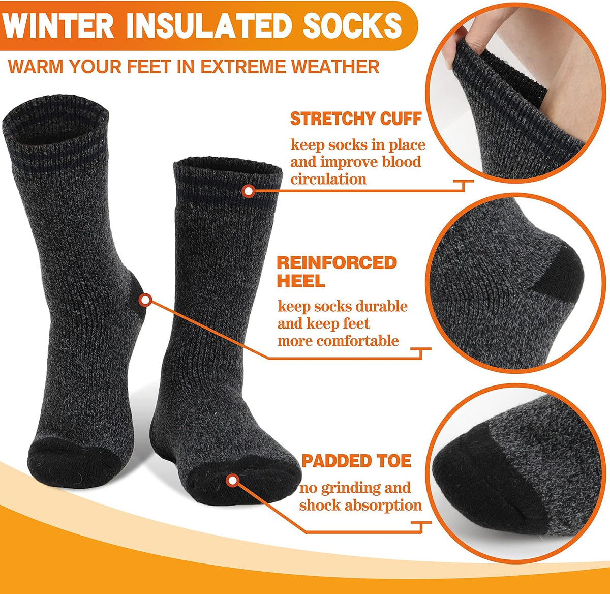 3 Pairs Winter Thermal Socks for Men & Women Warm Winter Ski Thick Boot Insulated Socks for Cold Weather
