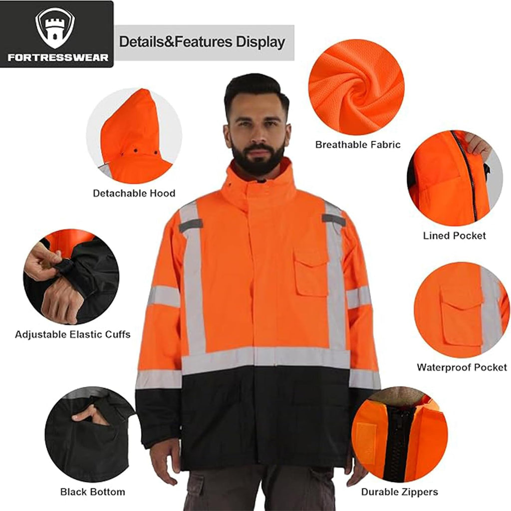 Hi Vis Rain Jackets for Men Reflective Waterproof High Visibility Class 3 Safety Rain Coat with Black Bottom