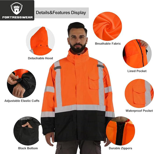 Hi Vis Rain Jackets for Men Reflective Waterproof High Visibility Class 3 Safety Rain Coat with Black Bottom