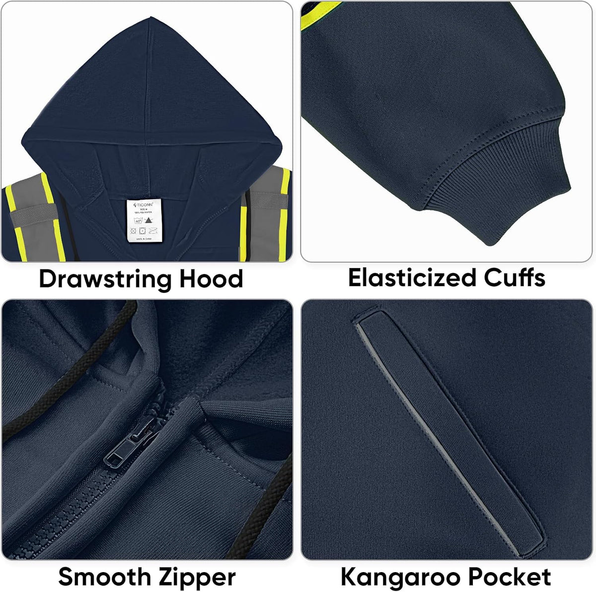 Hi Vis Safety Hoodie, ANSI Class 3 Reflective Fleece Sweatshirt